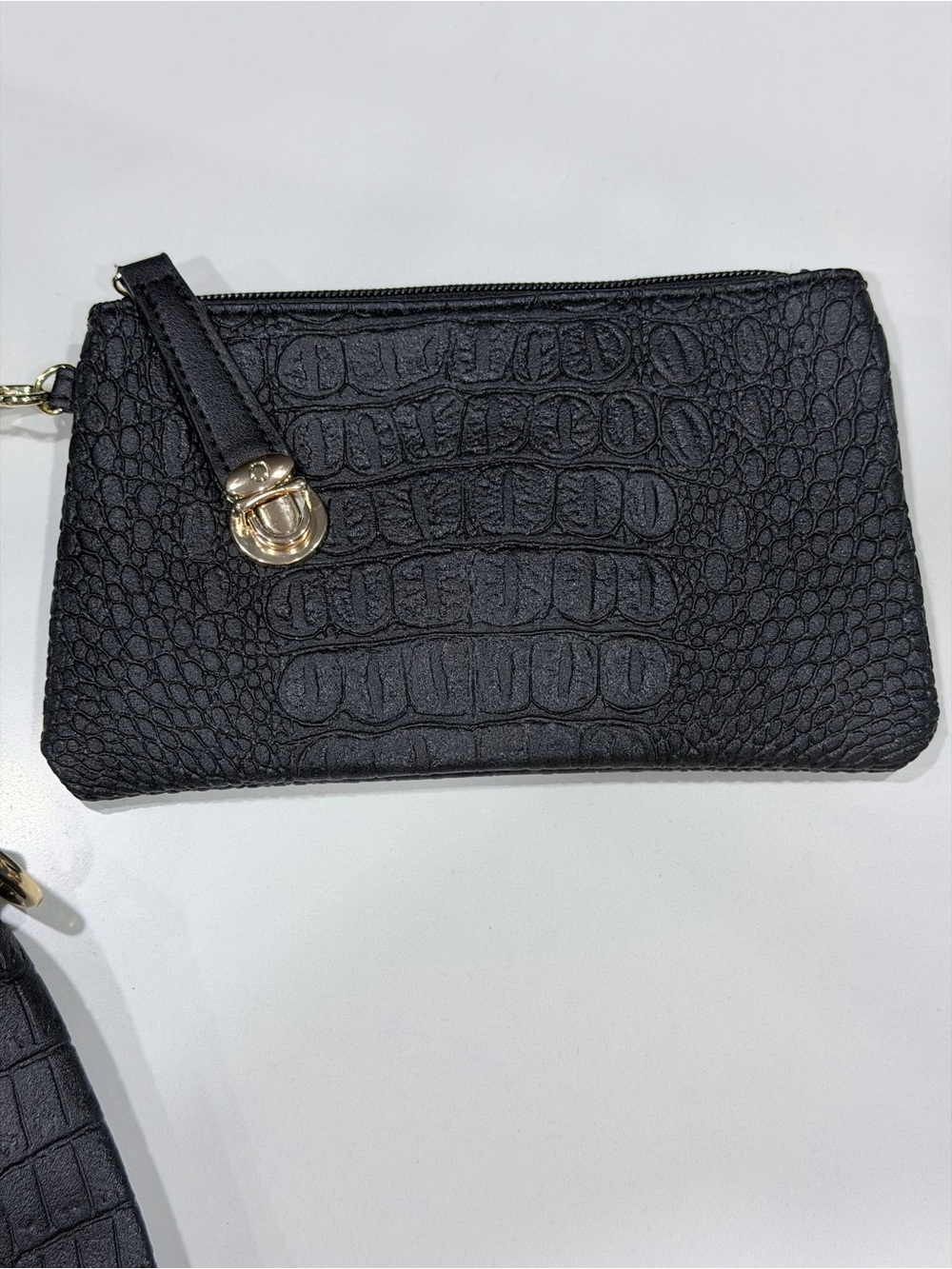 Structured Croc-Embossed Faux Leather Black Tote Bag with Gold Hardware - Picture 5 of 13